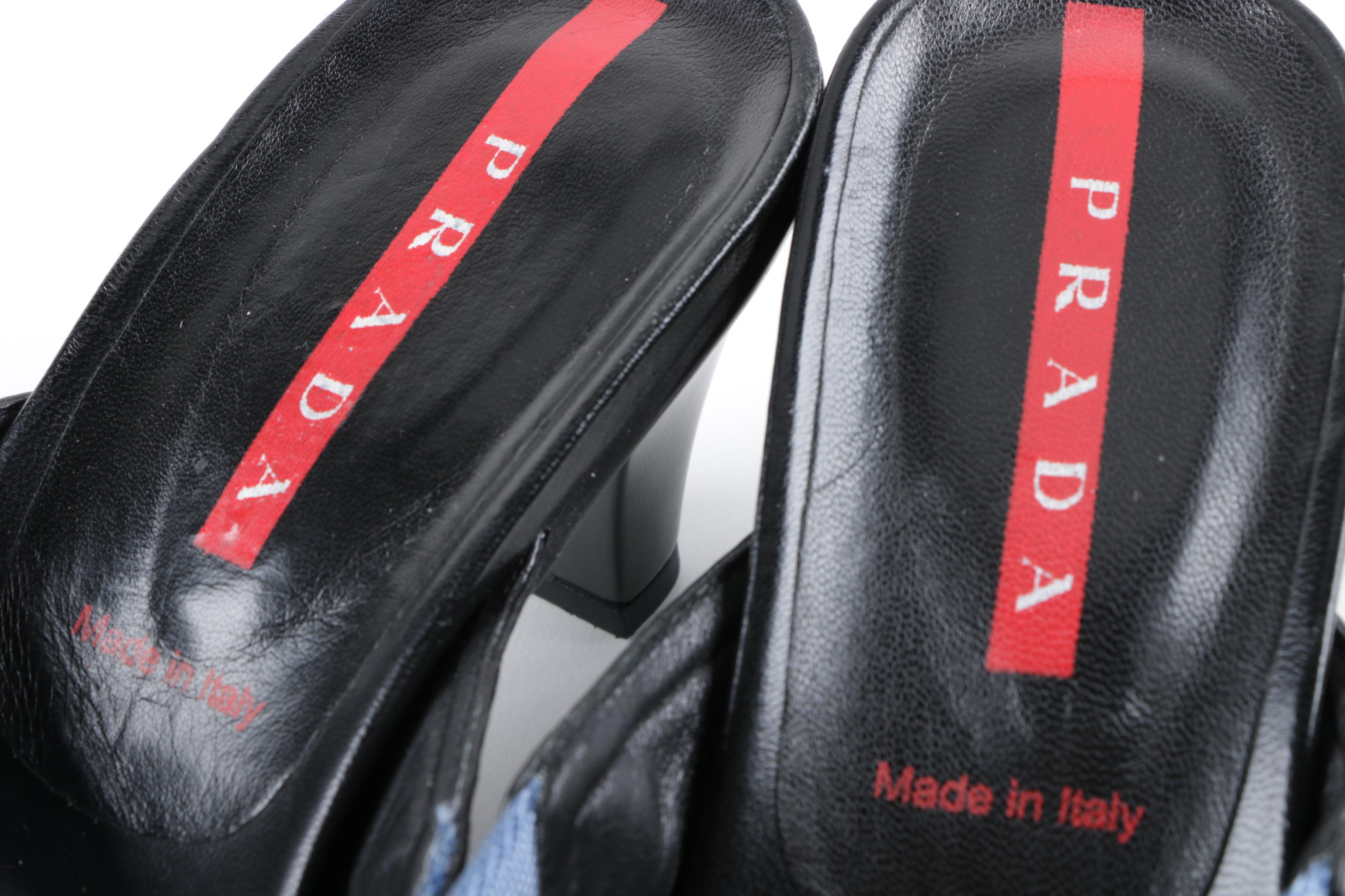 Prada High-Heeled Blue Nylon and Black Leather Thong Sandals, Made in Italy