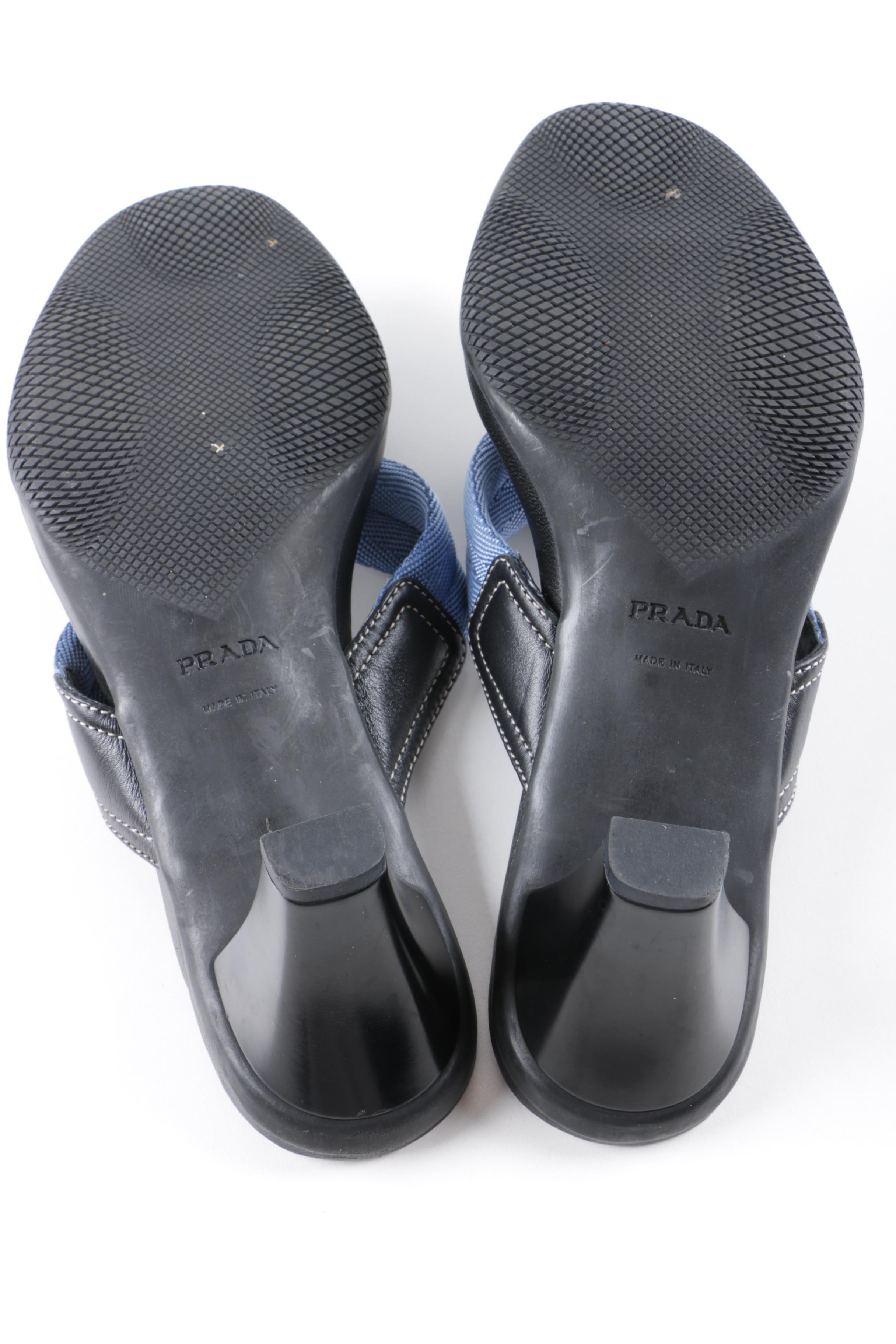 Prada High-Heeled Blue Nylon and Black Leather Thong Sandals, Made in Italy