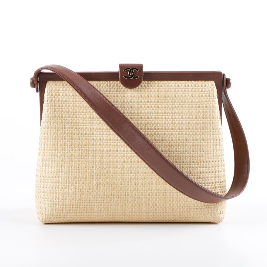 Chanel Woven Straw Handbag with Brown Leather Trim