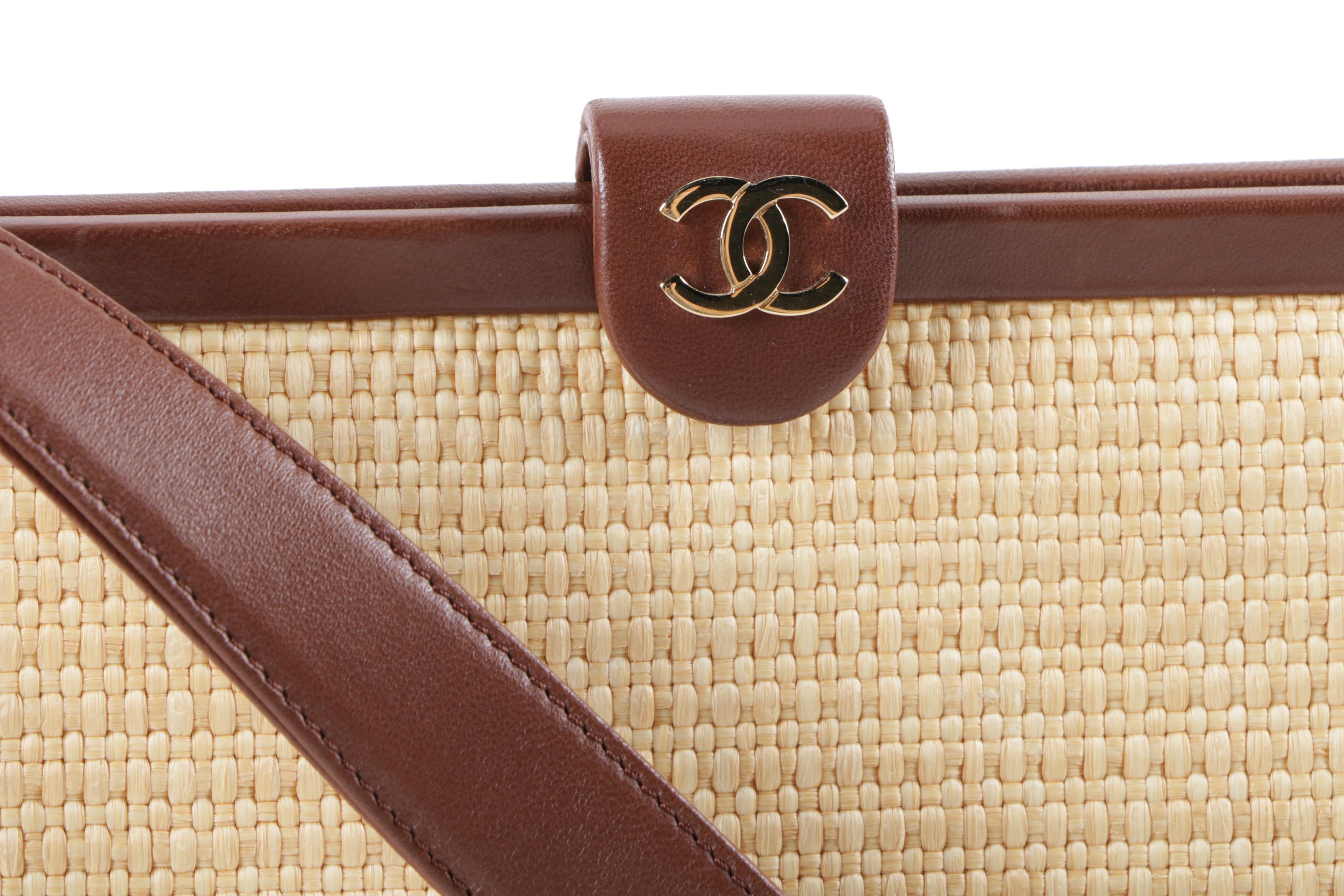 Chanel Woven Straw Handbag with Brown Leather Trim