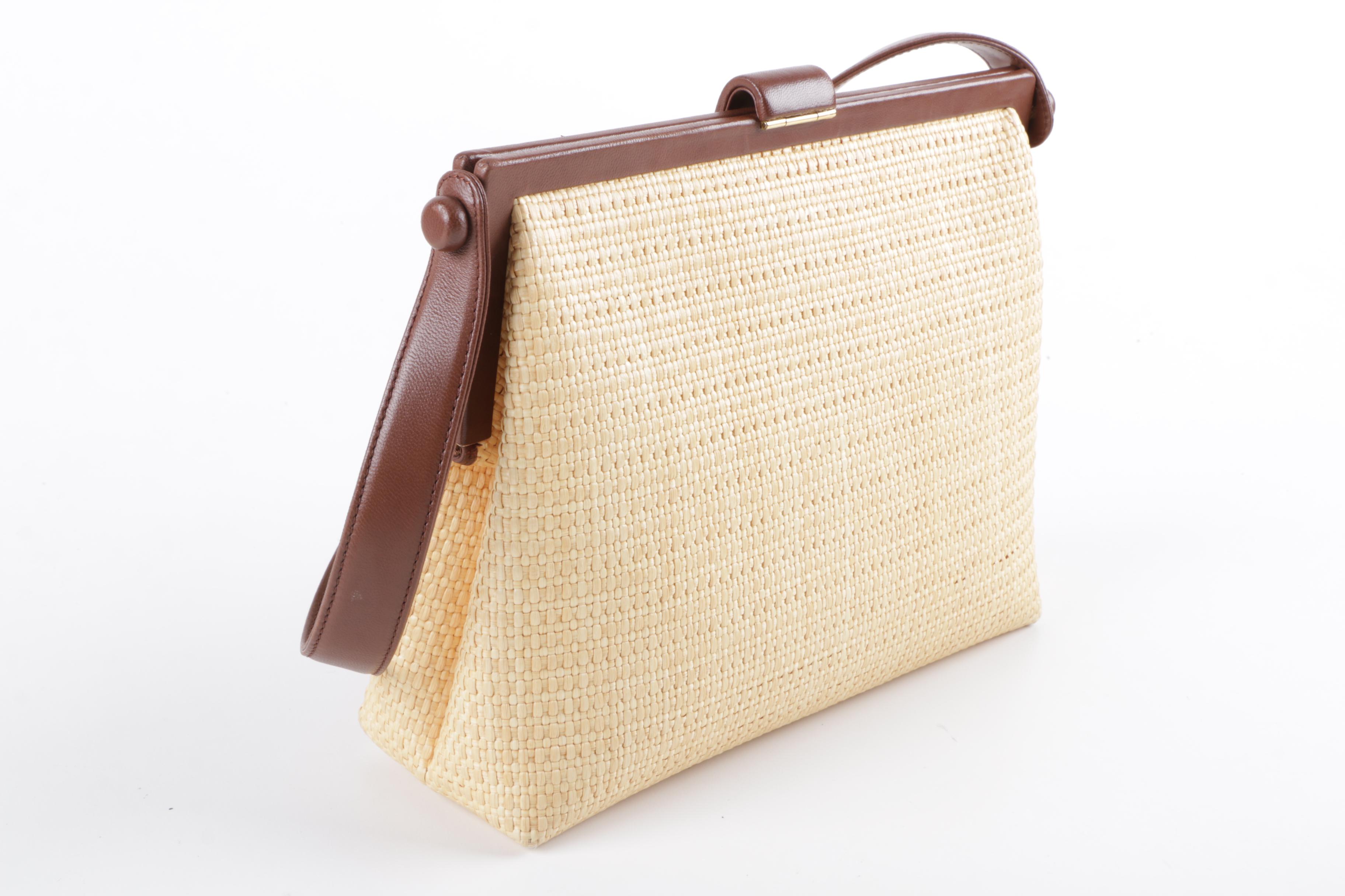Chanel Woven Straw Handbag with Brown Leather Trim