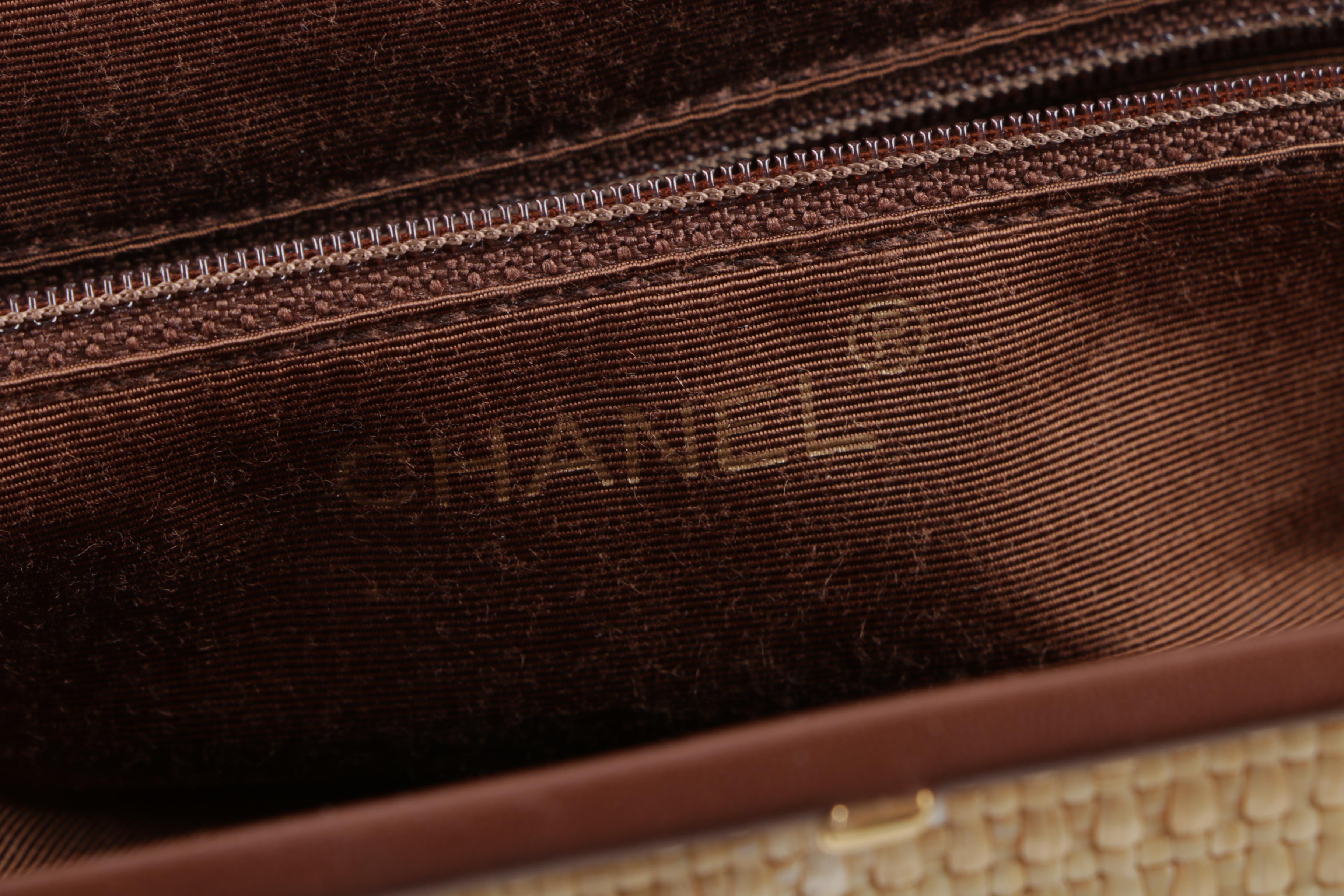 Chanel Woven Straw Handbag with Brown Leather Trim