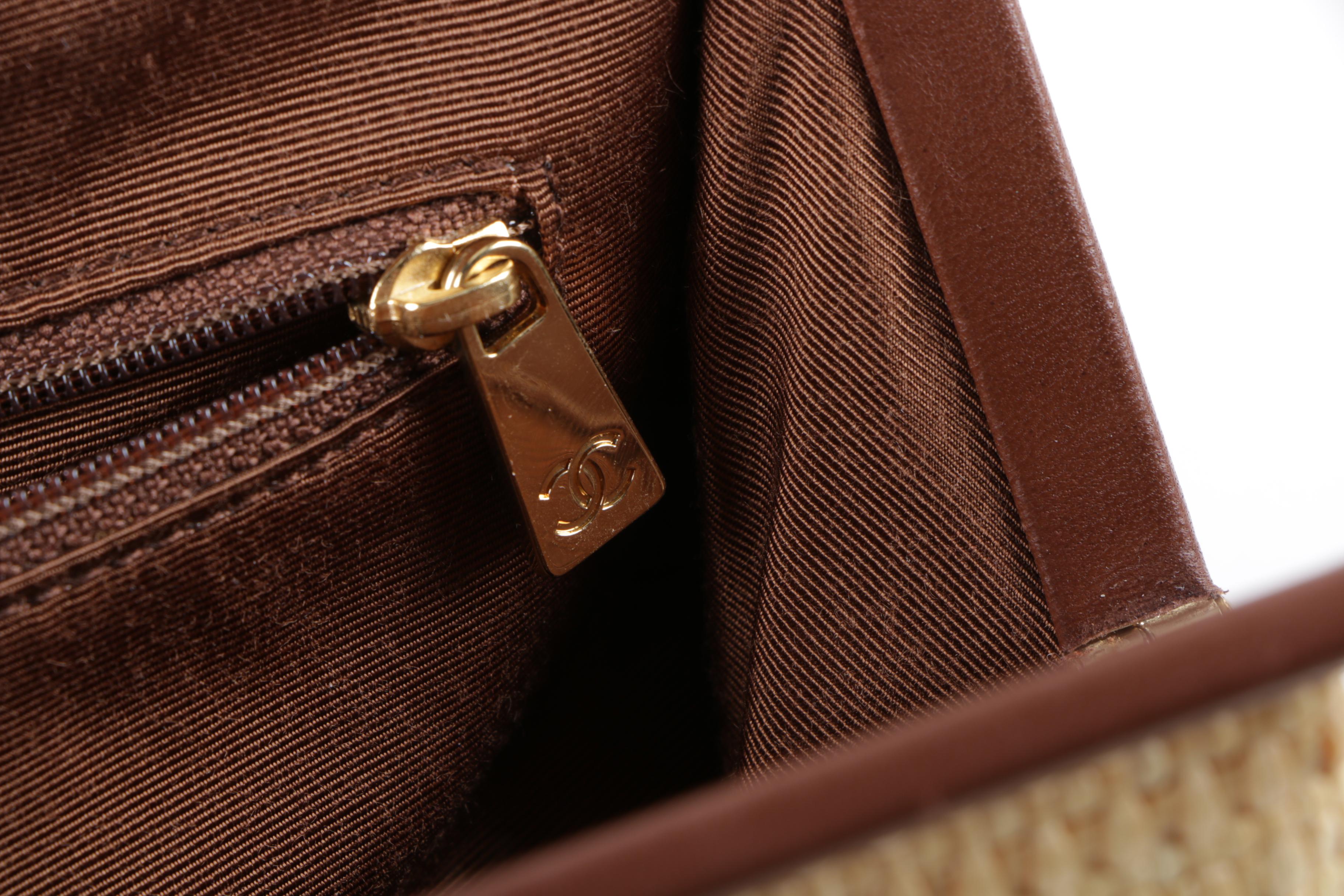 Chanel Woven Straw Handbag with Brown Leather Trim