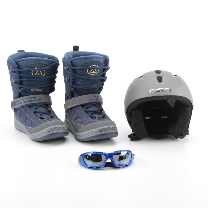Giro S4 Ski/Snowboarding Helmet, Airwalk Boots, and Sunglasses