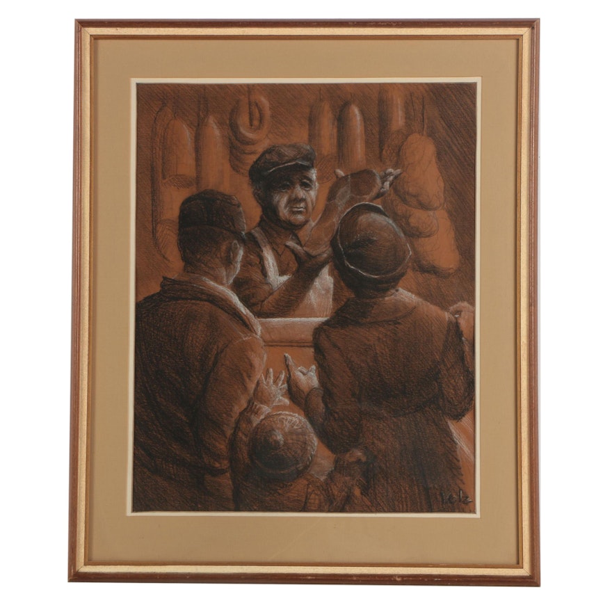 Herman Volz Signed Charcoal Drawing of Family at the Butcher