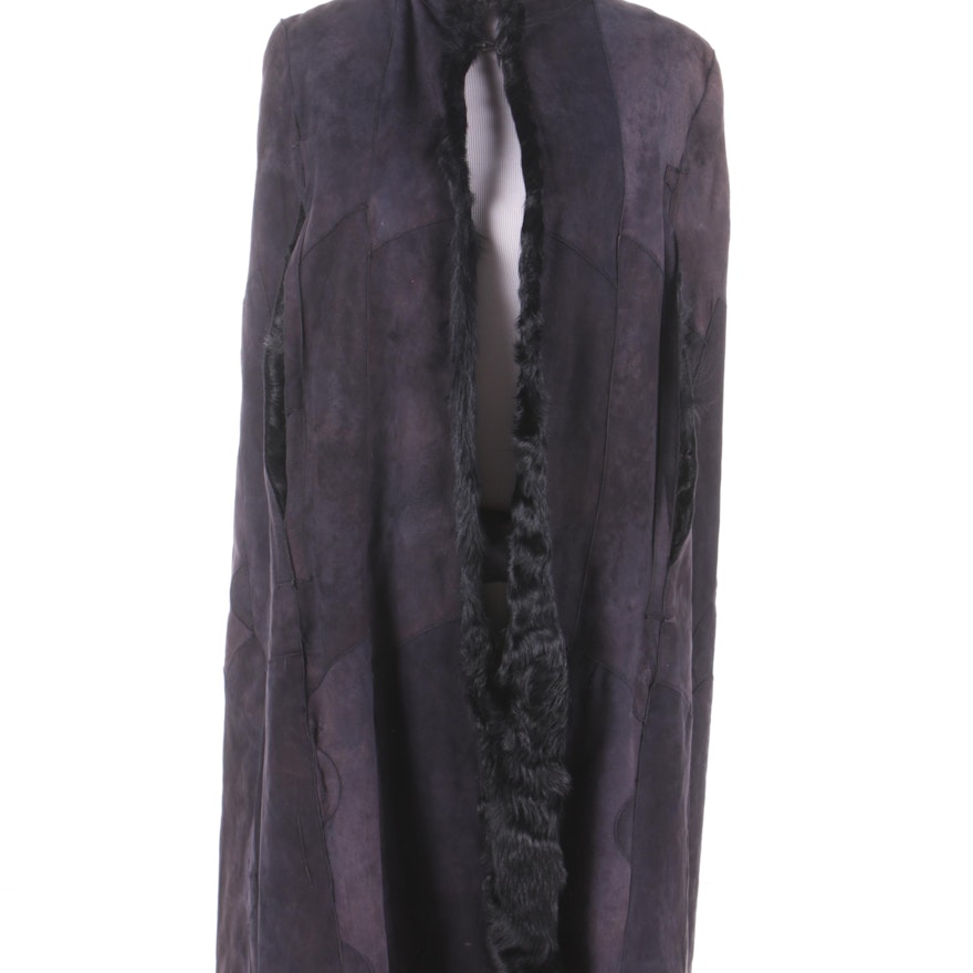 Ann Demeulemeester of Belgium Black Suede Cape with Lamb Fur Lining