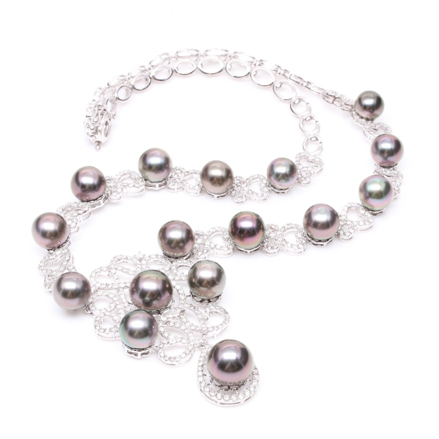 14K White Gold Cultured Pearl and 5.82 CTW Diamond Necklace