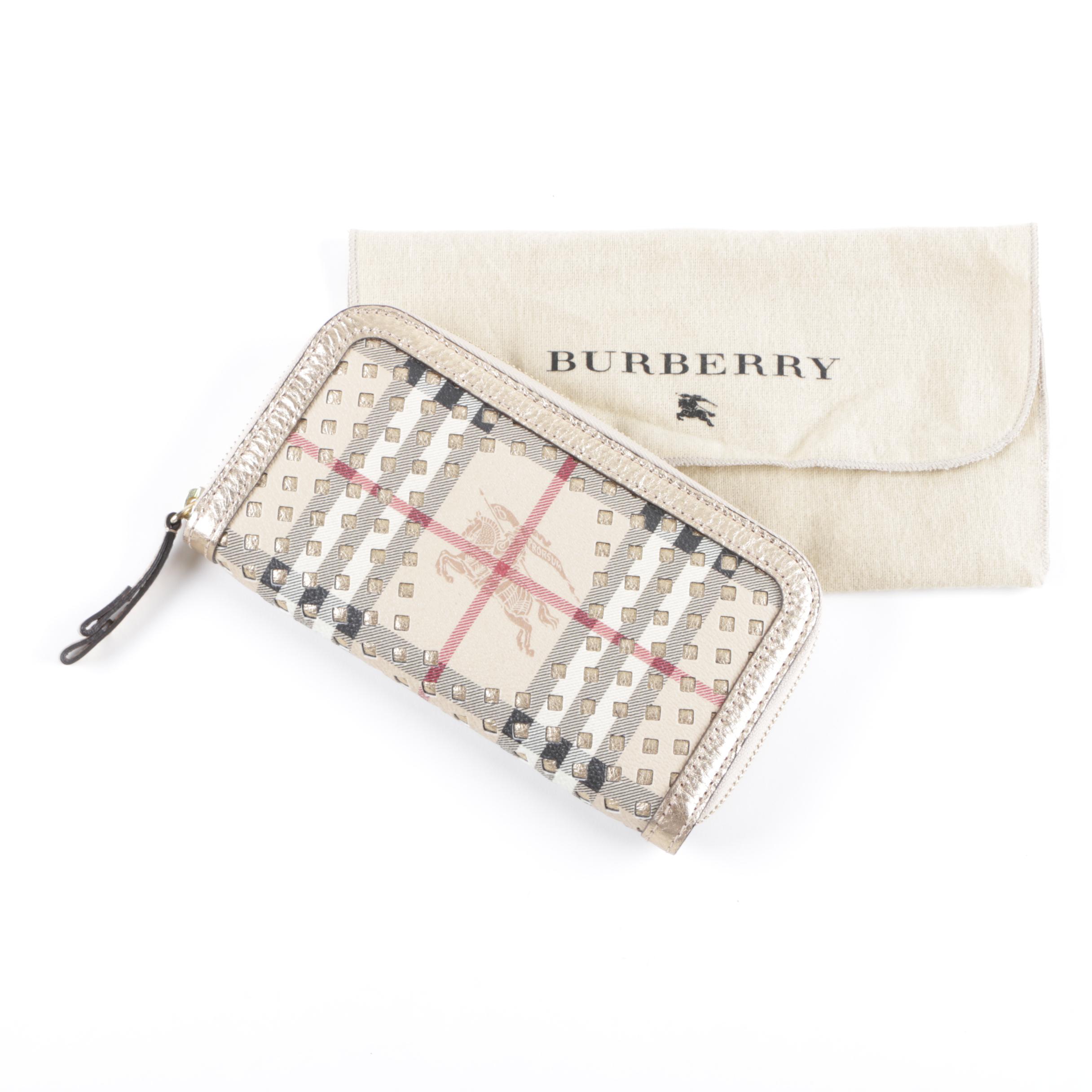 Burberry Haymarket Check Coated Canvas and Gold Metallic Leather Wallet