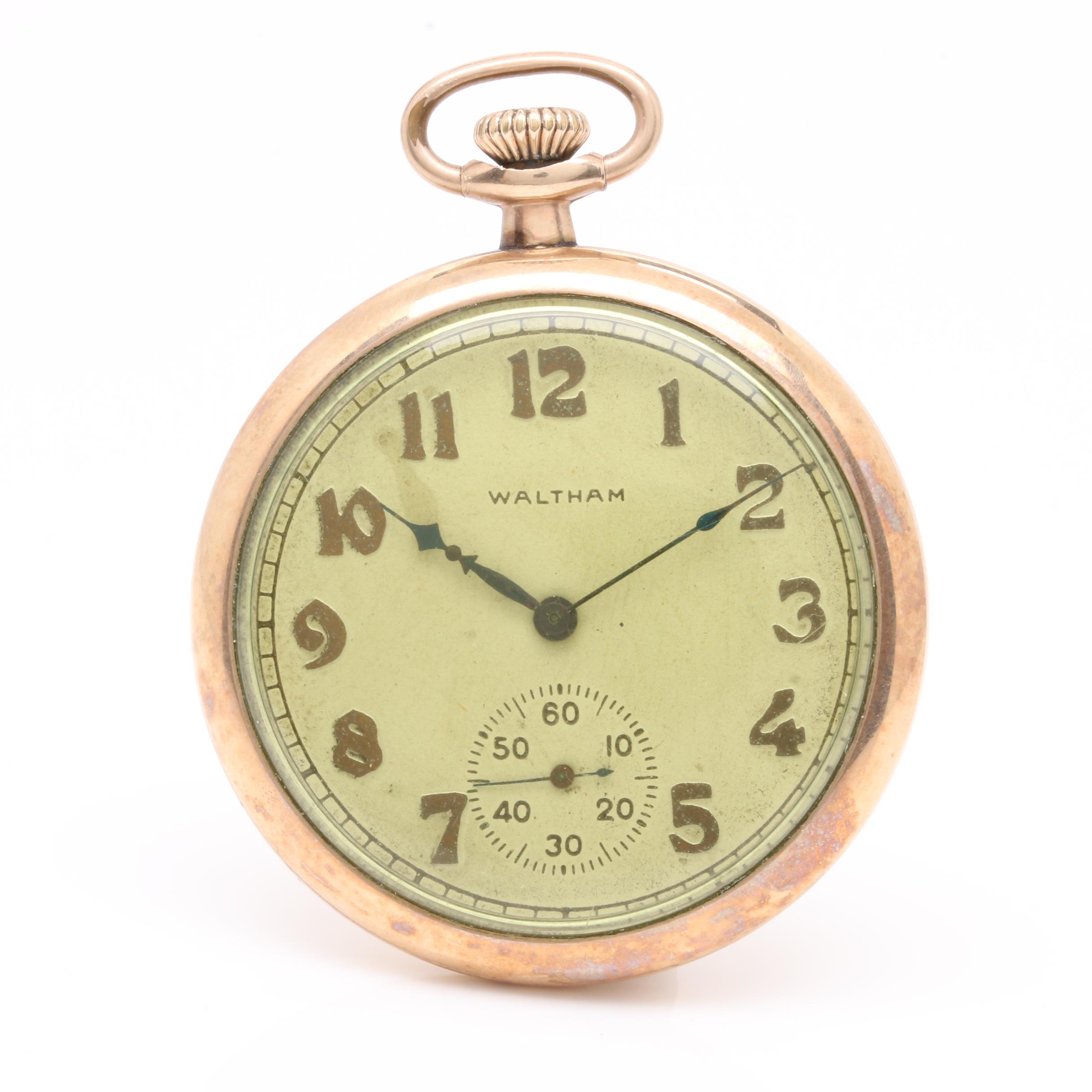 10K Gold Filled Vintage Waltham Open Face Pocket Watch