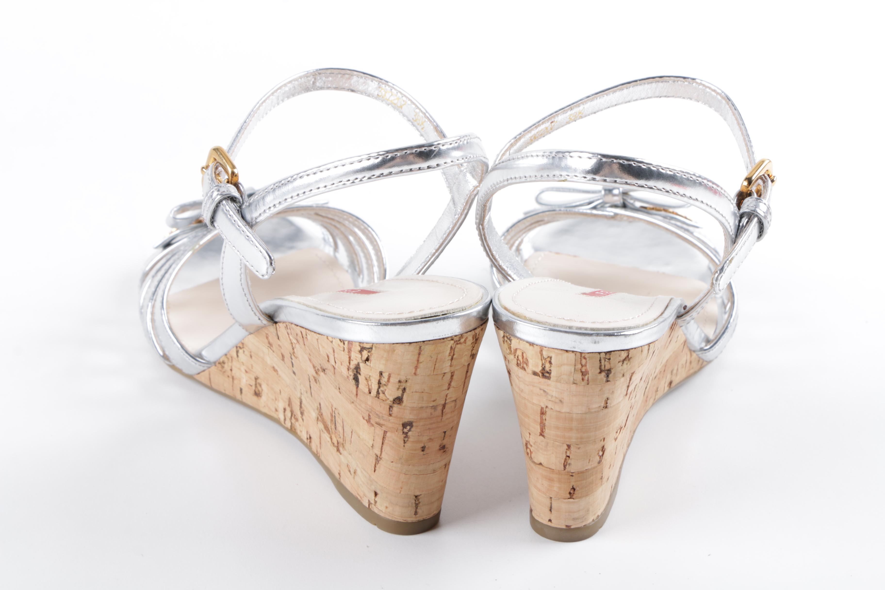 Prada Silver Metallic Leather and Cork Wedge Sandals