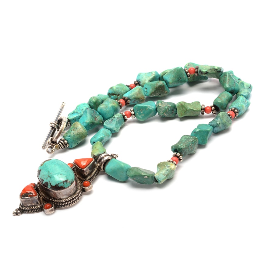 Sterling Silver Turquoise and Coral Necklace