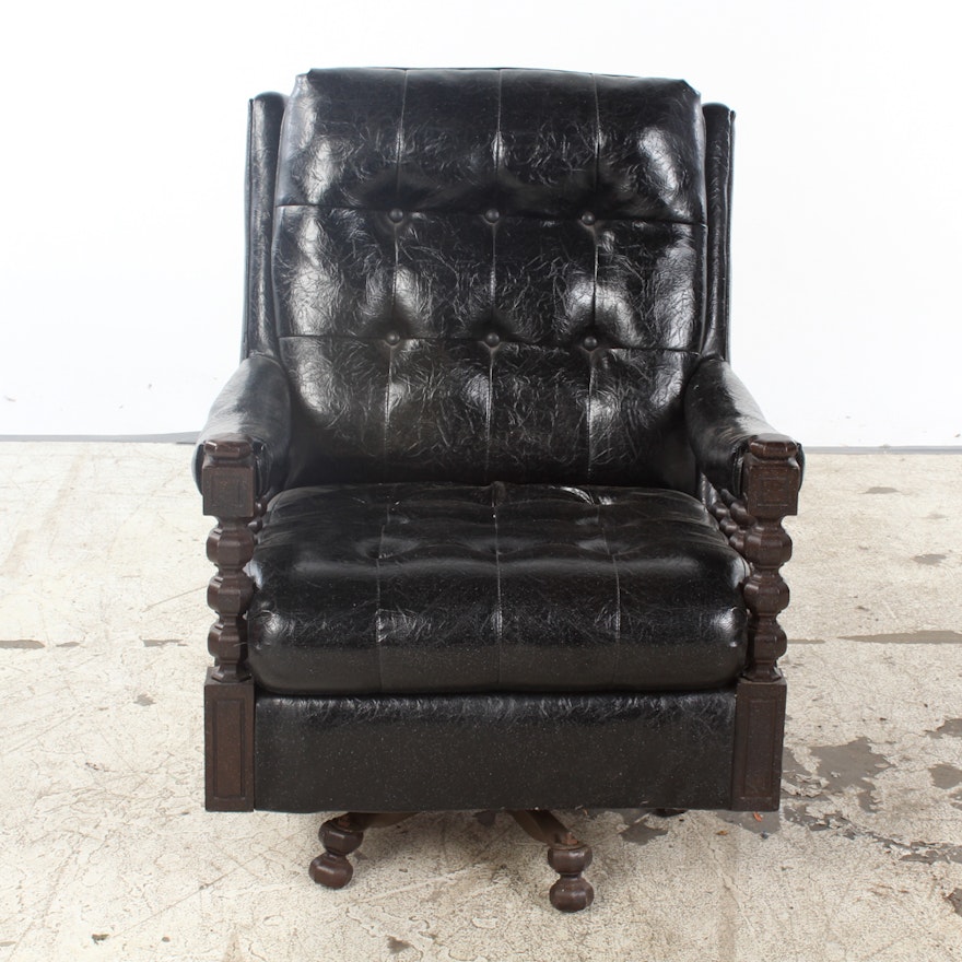 Vintage Black Vinyl Upholstered Swivel Armchair