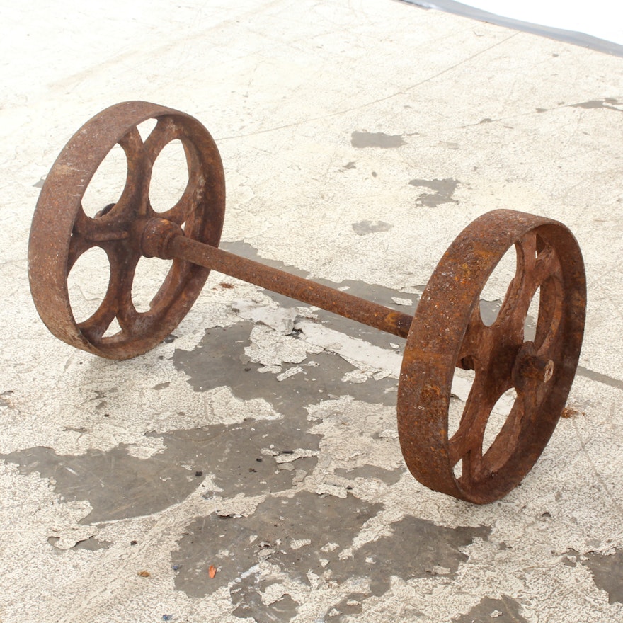 Antique Metal Cart Axle and Wheels