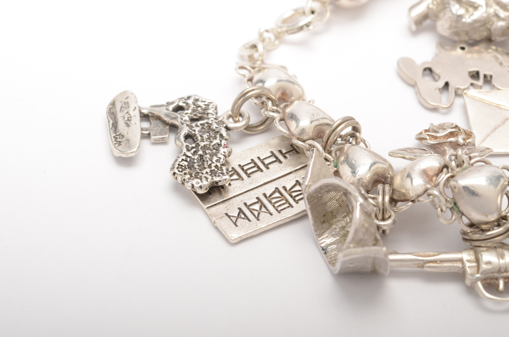 Silver Tone Charm Bracelets with Sterling Silver Charms