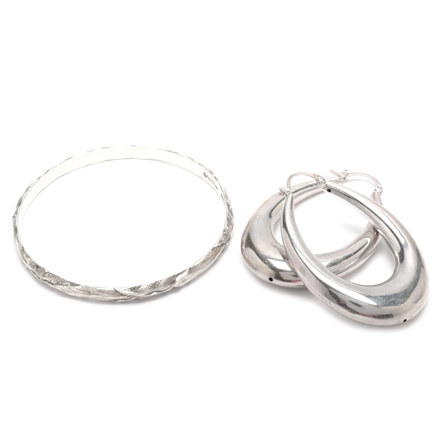 Sterling Silver S Kirk and Son Bangle Bracelet with a Pair of Hoop Earrings