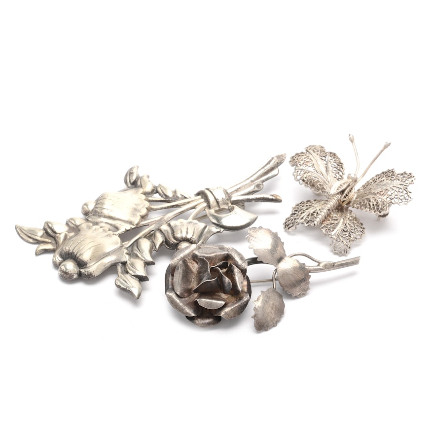 Sterling Silver Floral and Butterfly Signed Brooches