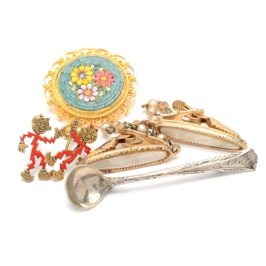 Selection of Gold Tone Jewelry with a Sterling Silver Spoon Pin