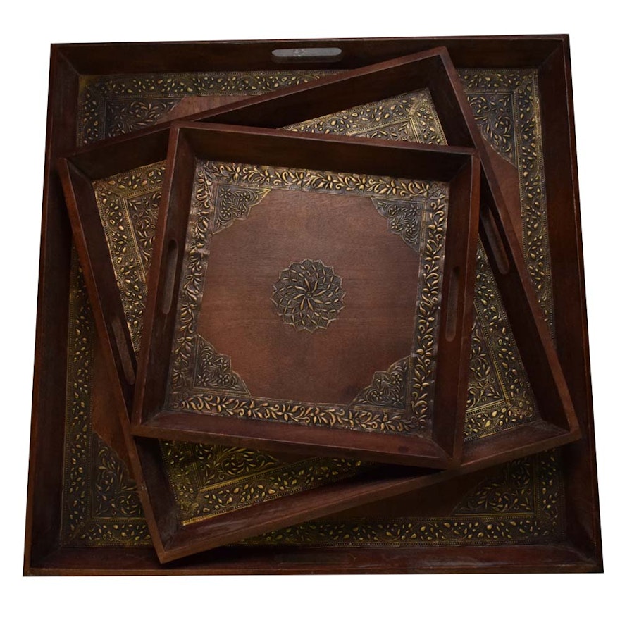 Set of Three Black Walnut and Brass Trays