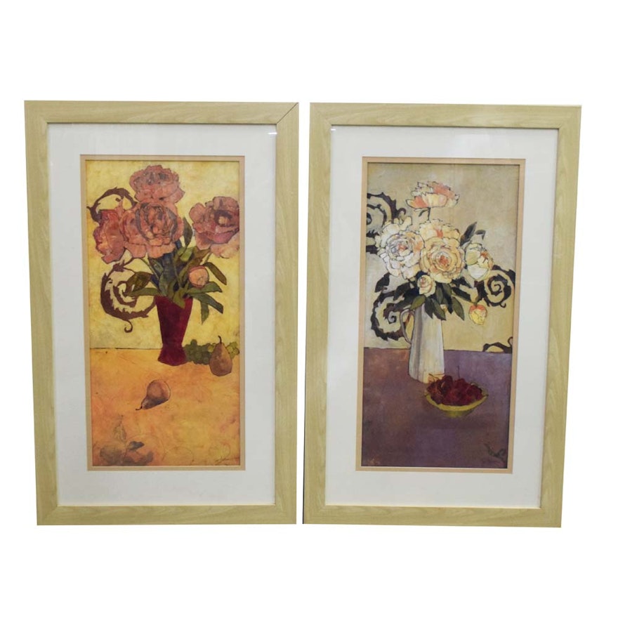 Pair of Framed Abstract Floral Offset Lithographs