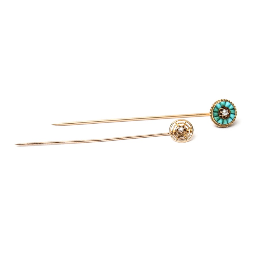 10K Yellow Gold Diamond and 18K Turquoise and Pearl Stick Pins