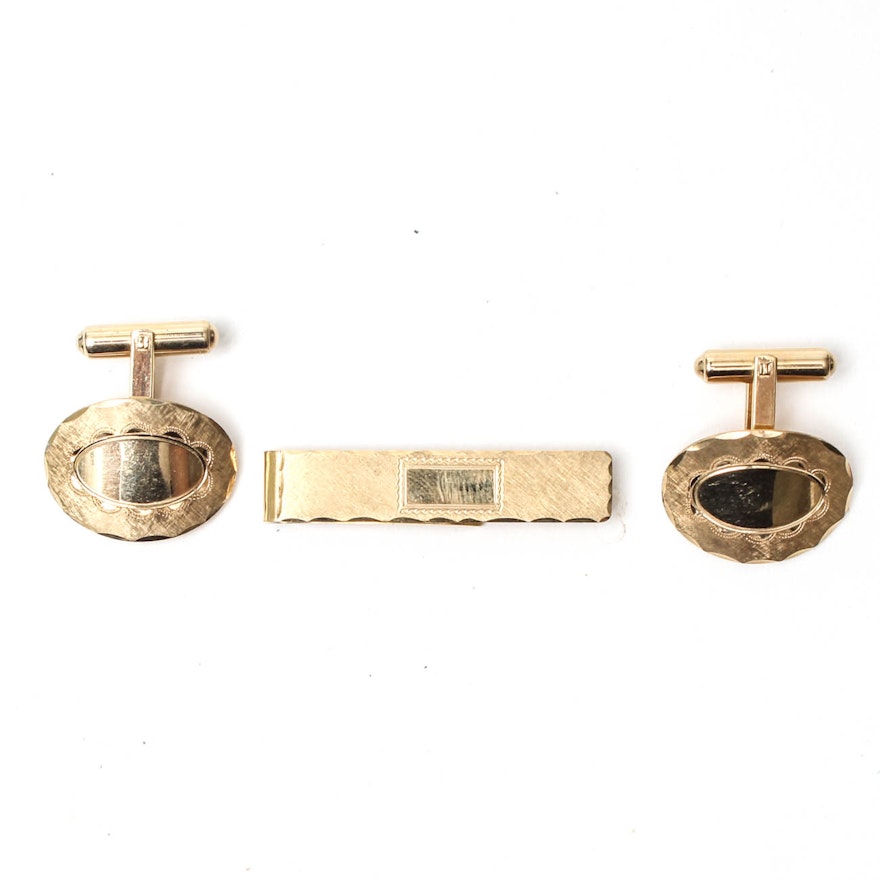 14K Yellow Gold Cufflinks and Tie Clip