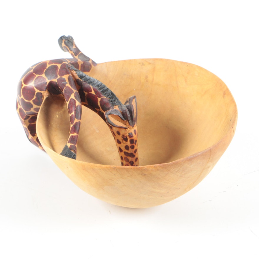 Kenyan Carved Wooden Giraffe Bowl