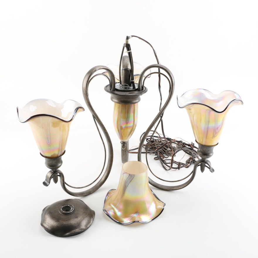 Vintage Art Nouveau-Style Chandelier with Fluted Iridescent Glass Shades