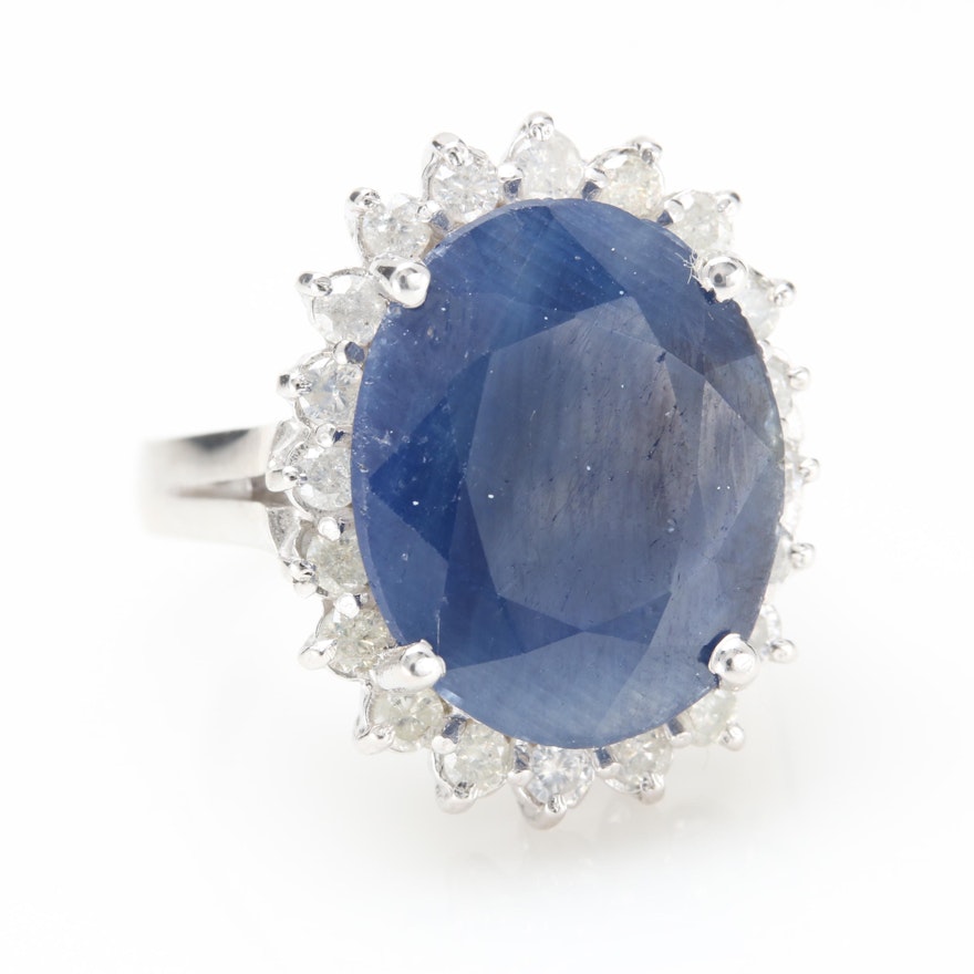 14K White Gold Blue Sapphire and Diamond Ring