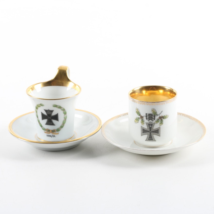 Furstenberg and Krister World War One Prussian Porcelain Teacups and Saucers