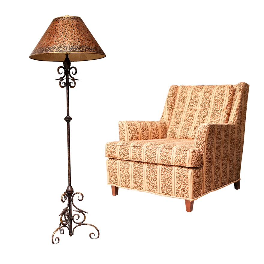 Upholstered Armchair and Scroll Metal Floor Lamp