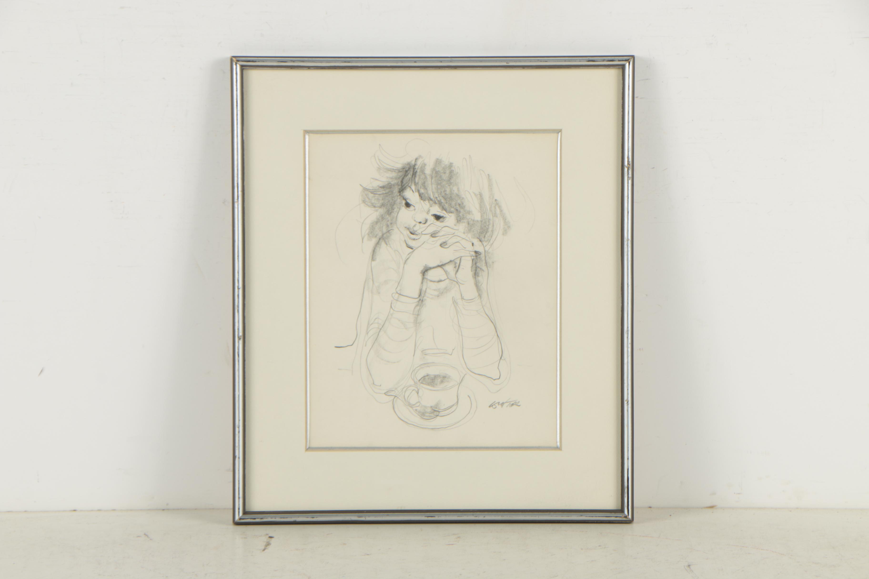 William Winter Graphite Drawings "Girl with Vase of Flowers" and "Coffee Break"