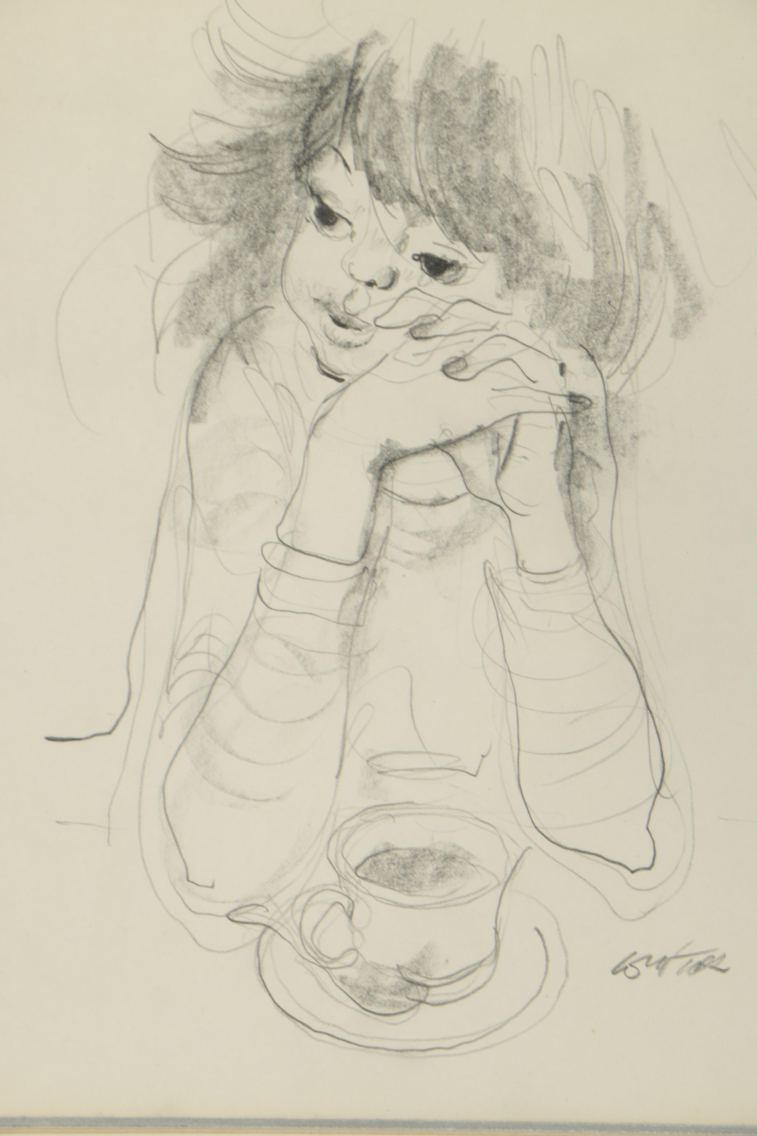 William Winter Graphite Drawings "Girl with Vase of Flowers" and "Coffee Break"