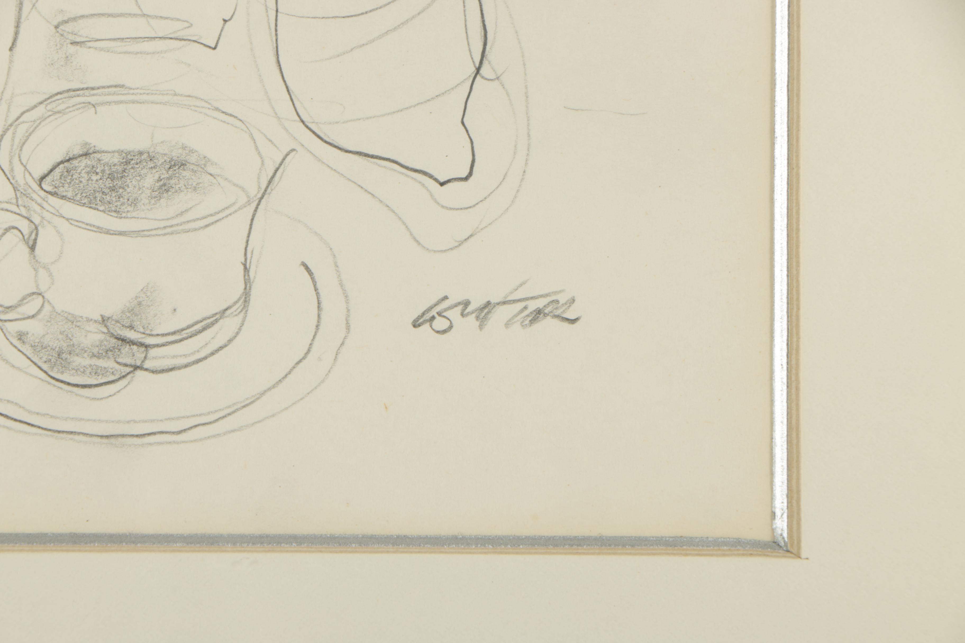 William Winter Graphite Drawings "Girl with Vase of Flowers" and "Coffee Break"