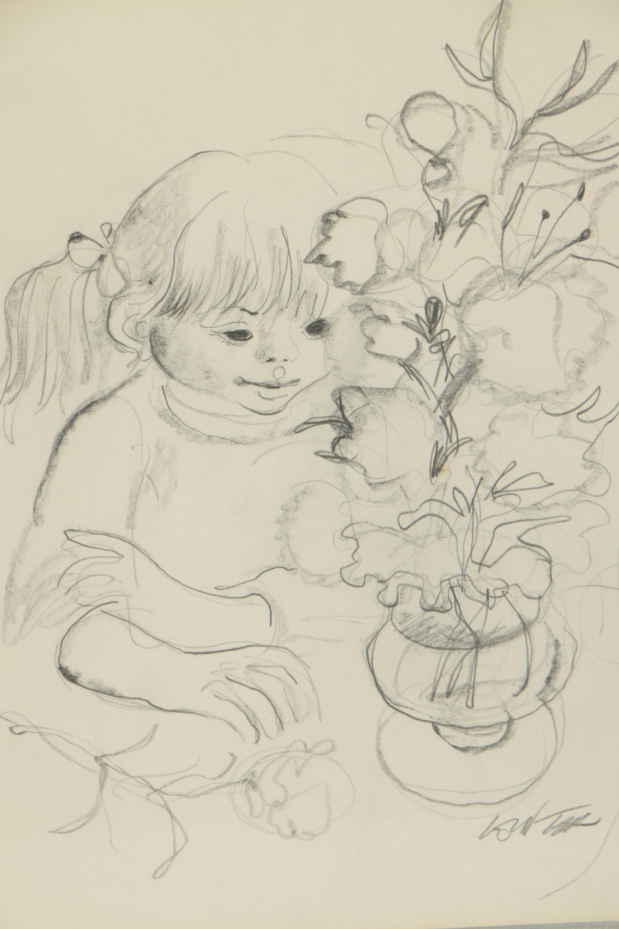 William Winter Graphite Drawings "Girl with Vase of Flowers" and "Coffee Break"