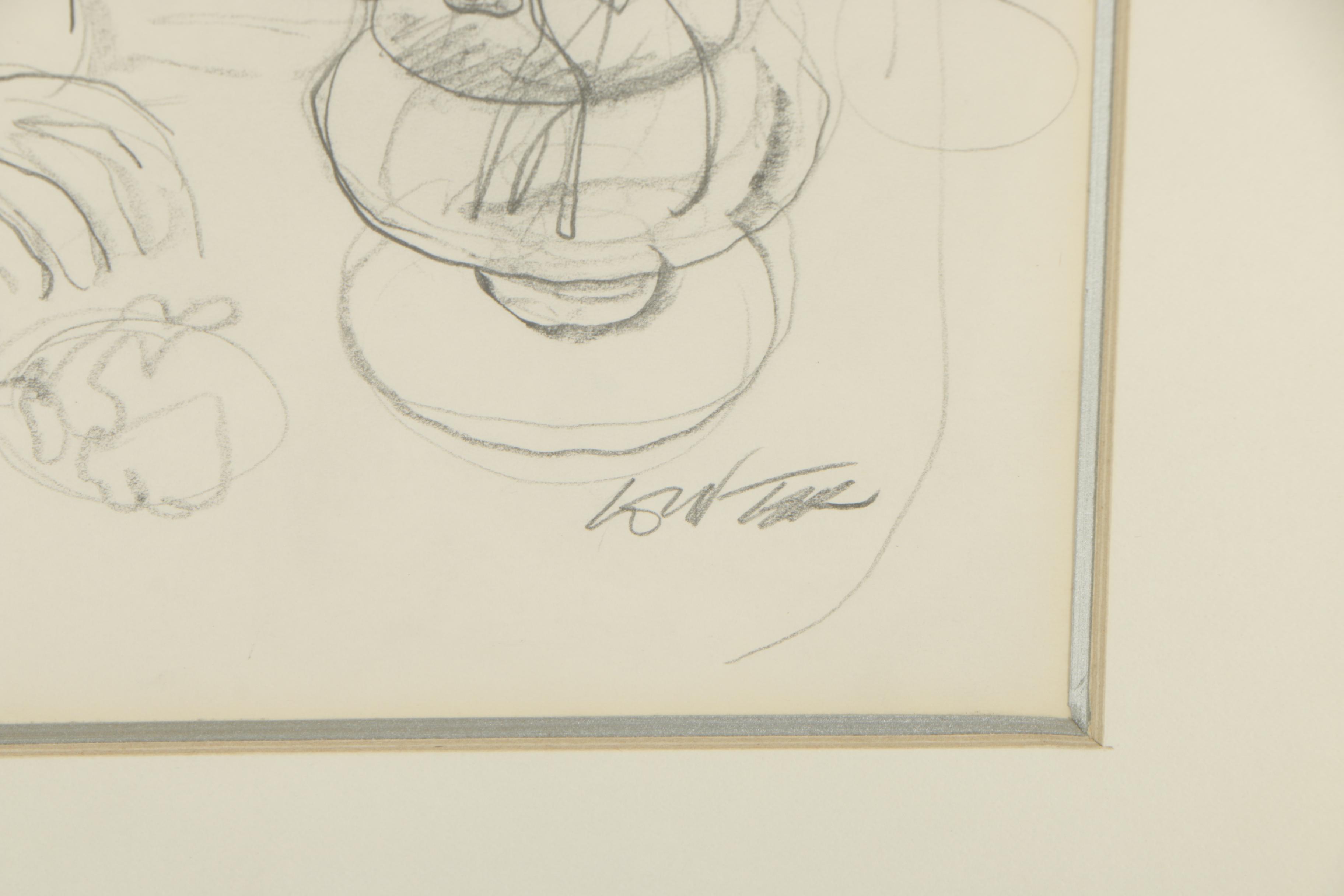 William Winter Graphite Drawings "Girl with Vase of Flowers" and "Coffee Break"