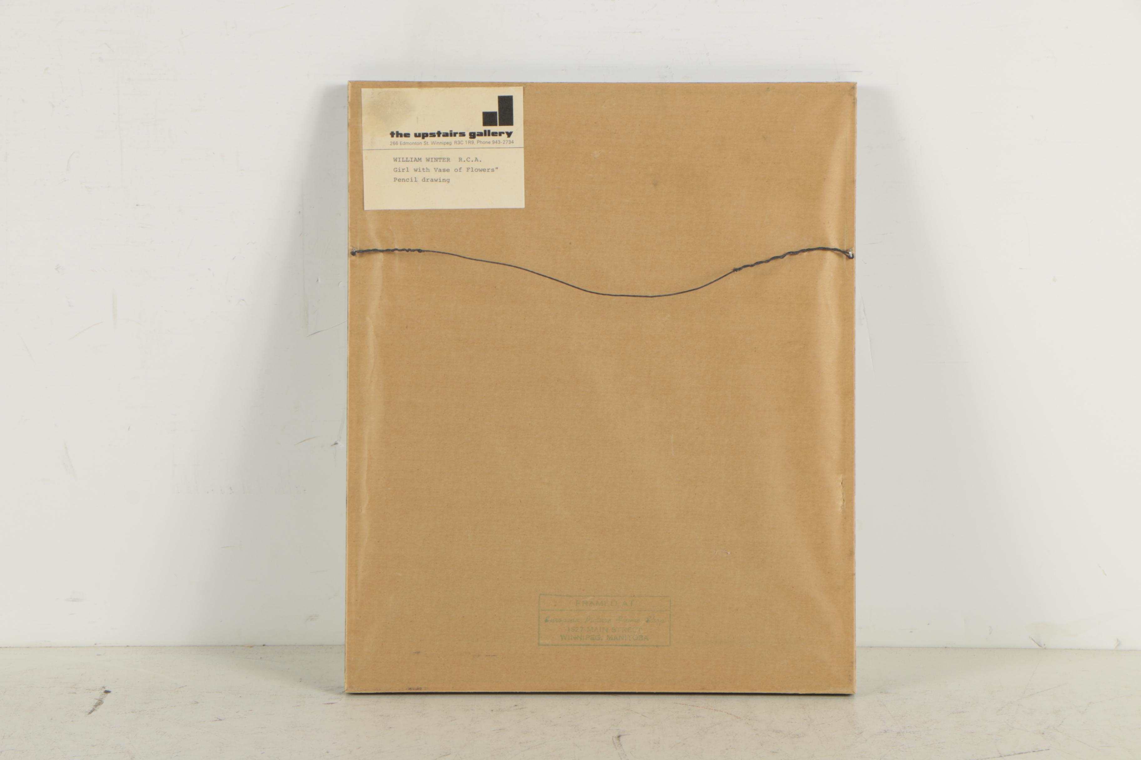 William Winter Graphite Drawings "Girl with Vase of Flowers" and "Coffee Break"