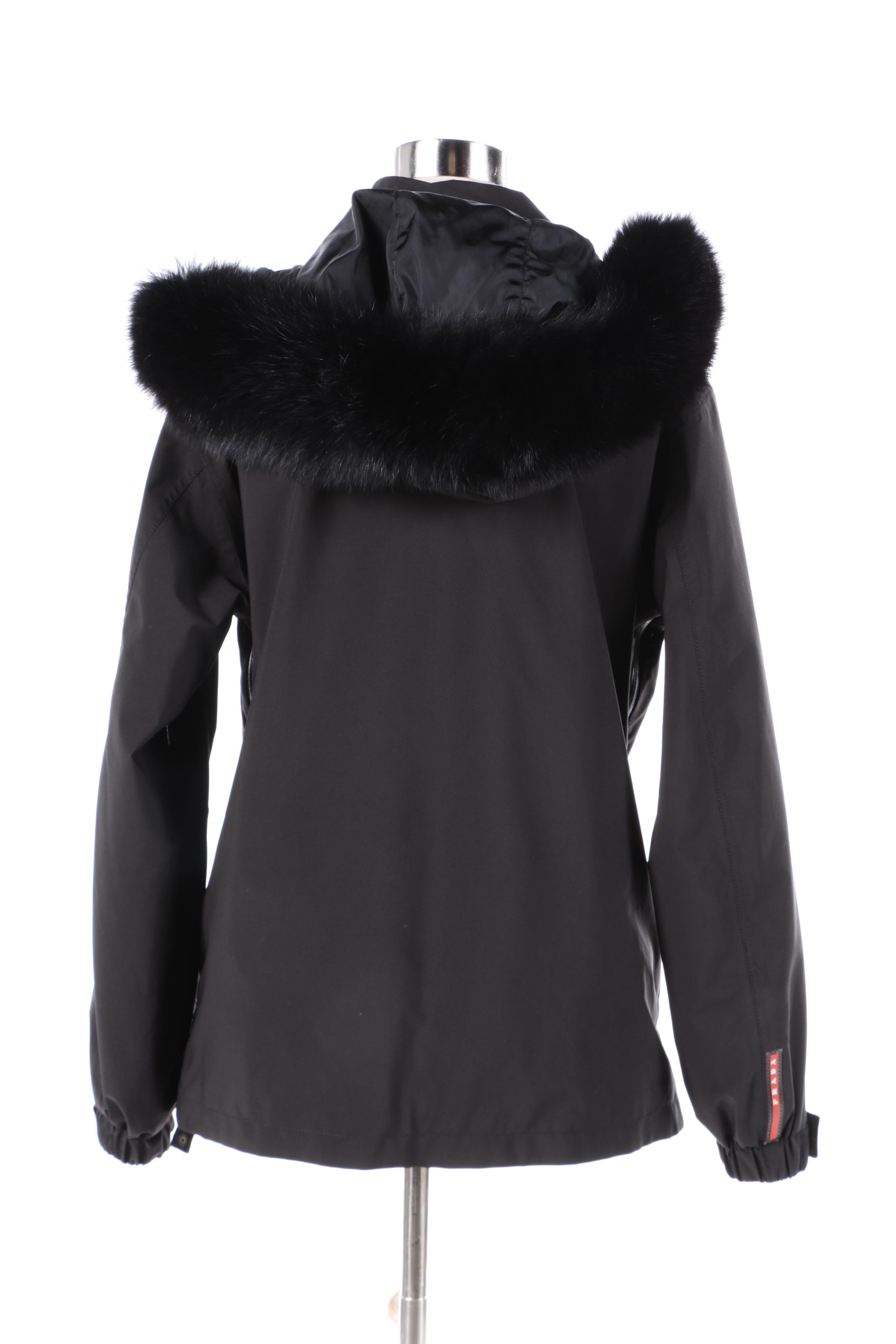 Women's Prada Black Parka with Fox Fur Trim Removable Hood