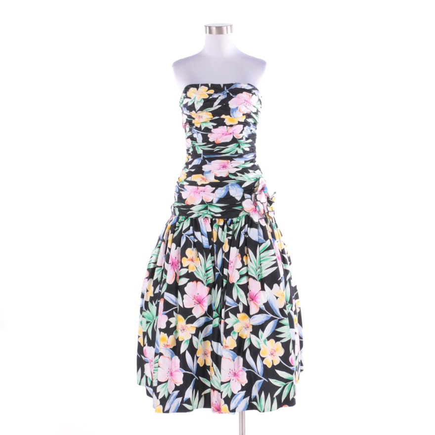 Vintage Victor Costa for Lord & Taylor Floral Print Strapless Cocktail Dress