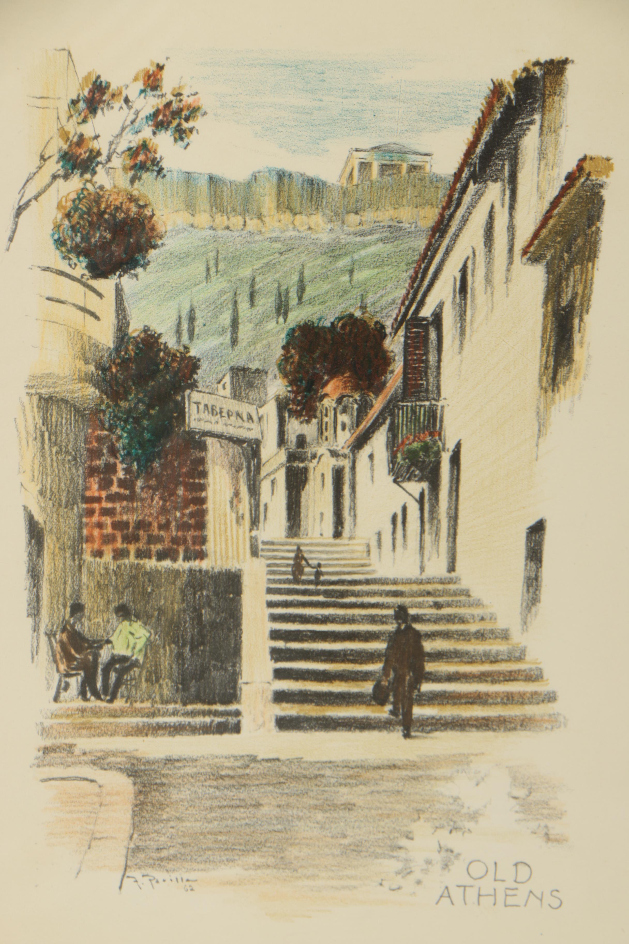 After F. Parilla Vintage Hand-Colored Halftone Print "Old Athens"