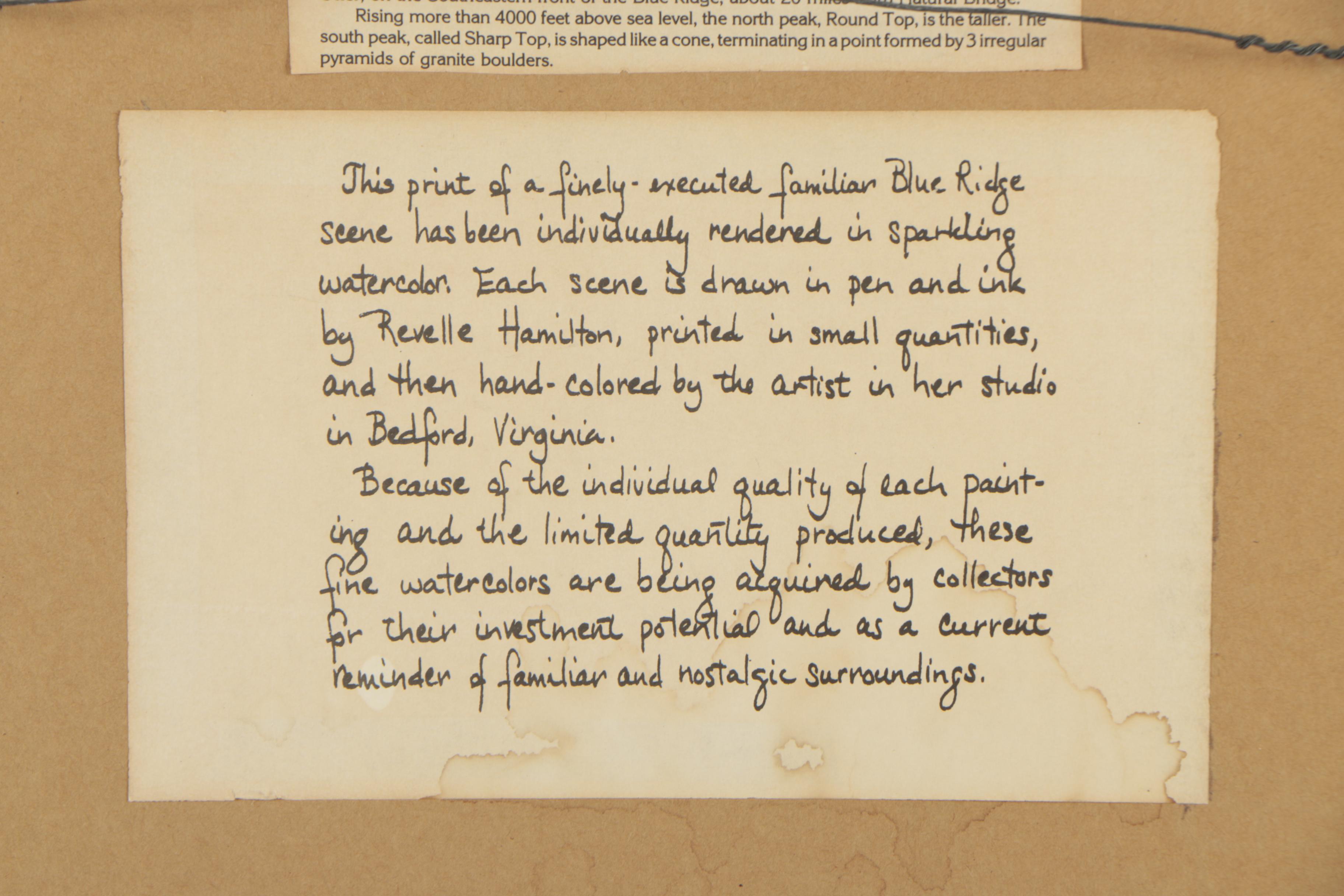 Revelle Hamilton Vintage Hand-Painted Lithograph Print "The Peaks Of Otter"