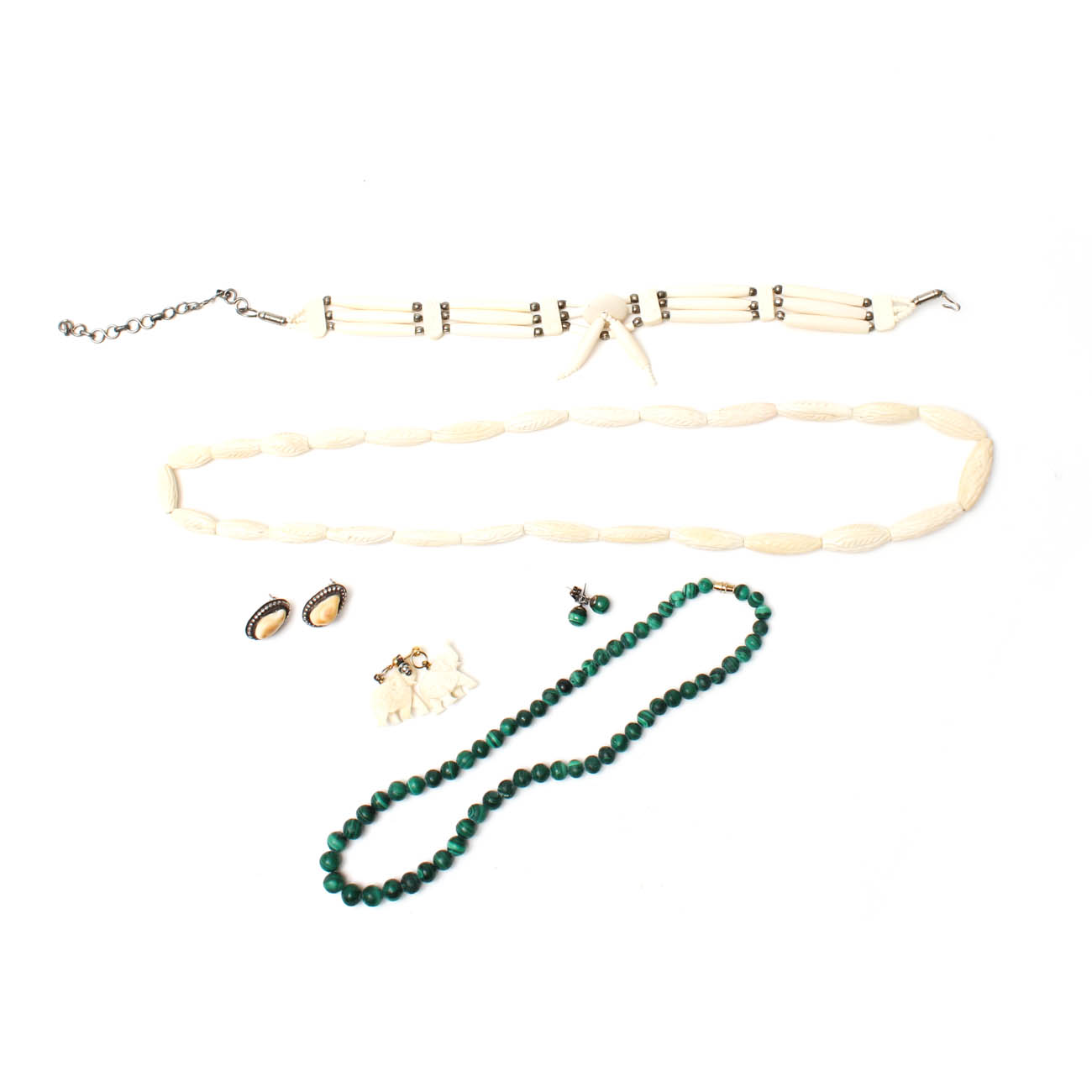 Selection of Jewelry Featuring Malachite, Bone, and Elk Teeth