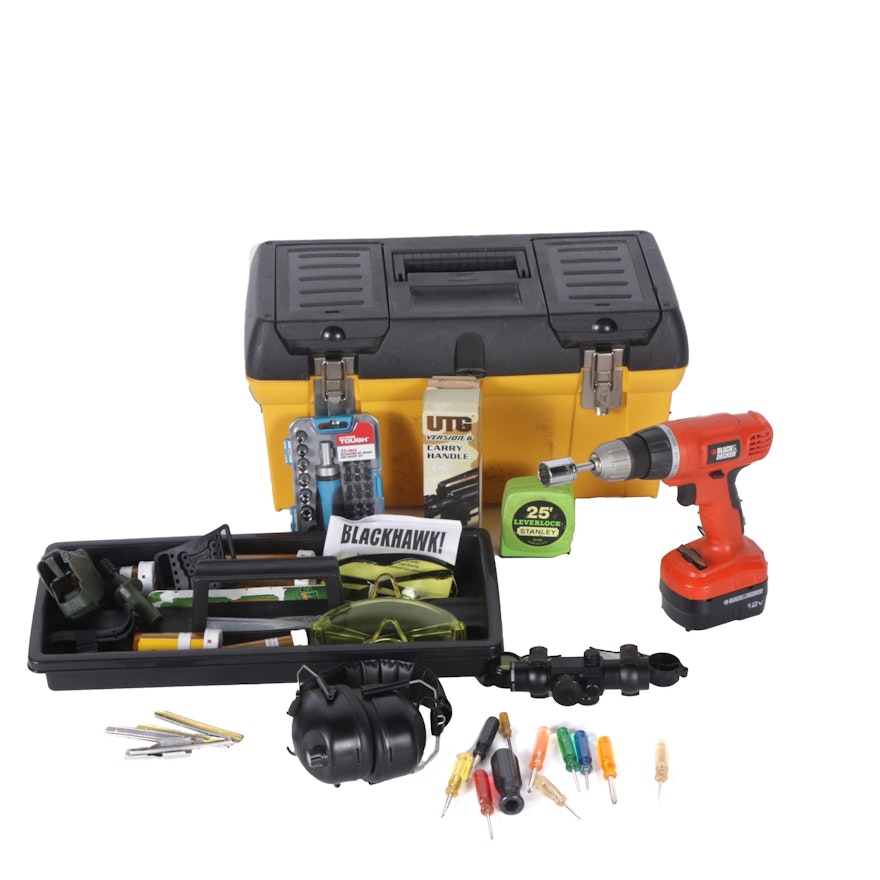 Three Plastic Toolboxes, Cordless Drill and Safety Ear Muffs