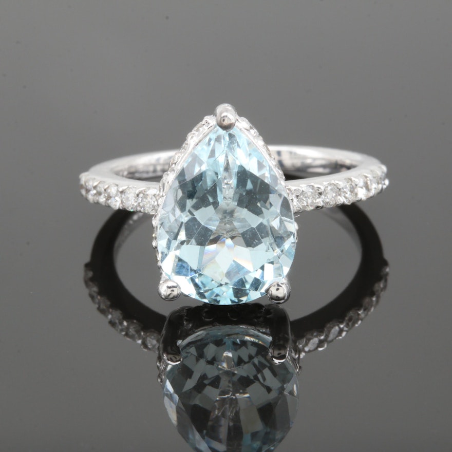 14K White Gold 3.37 CT Aquamarine and Diamond Ring