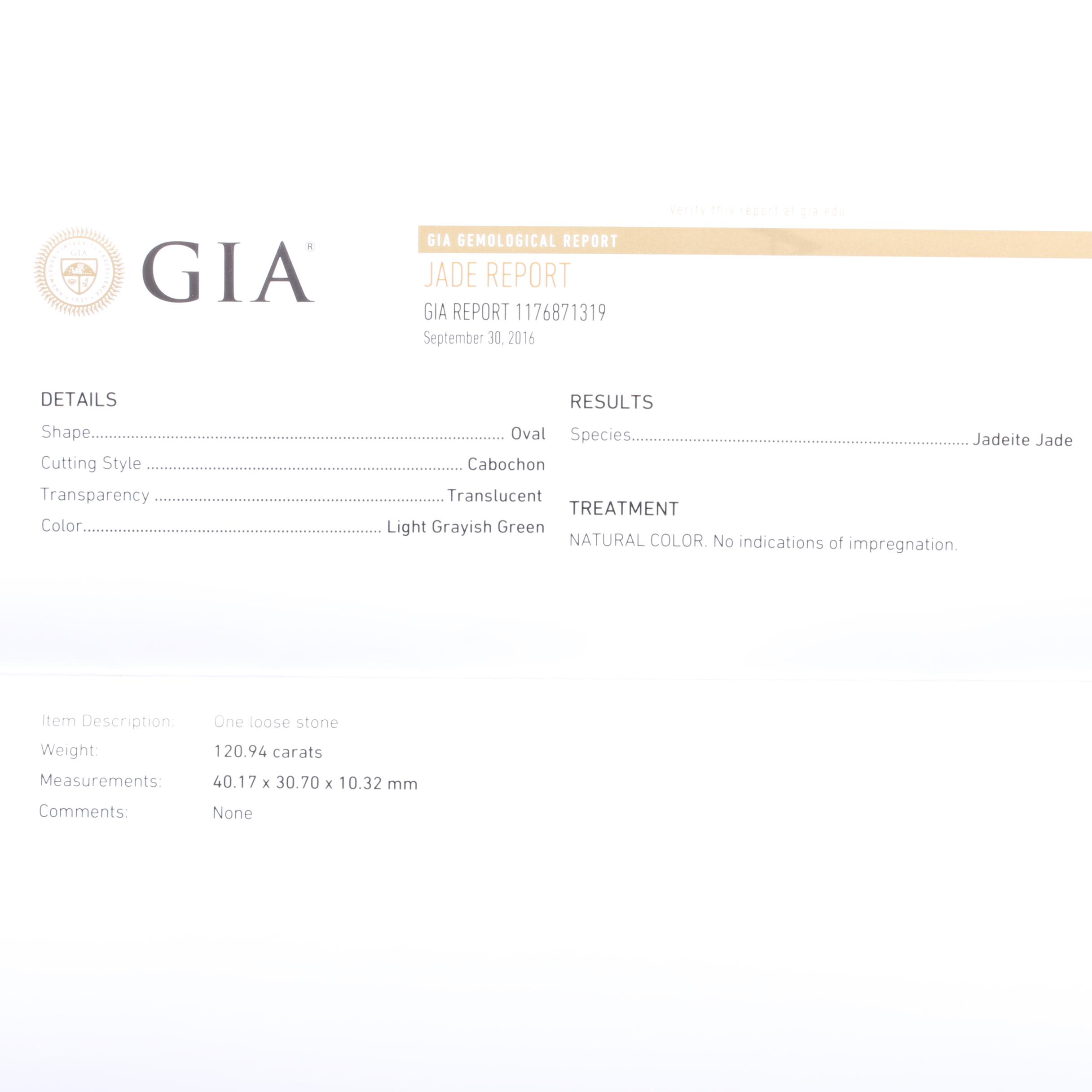 Loose 120.94 CT Jadeite Including GIA Report