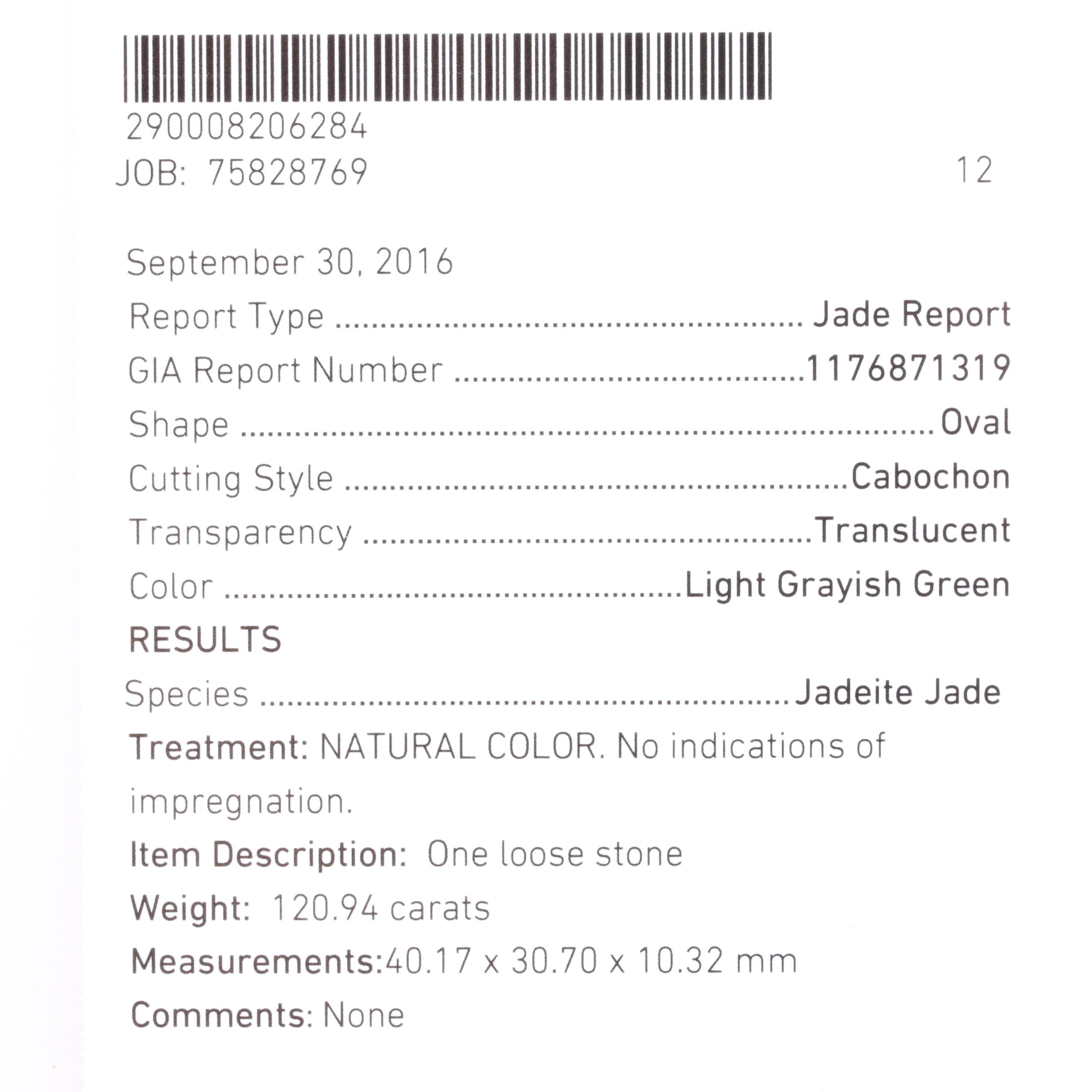 Loose 120.94 CT Jadeite Including GIA Report