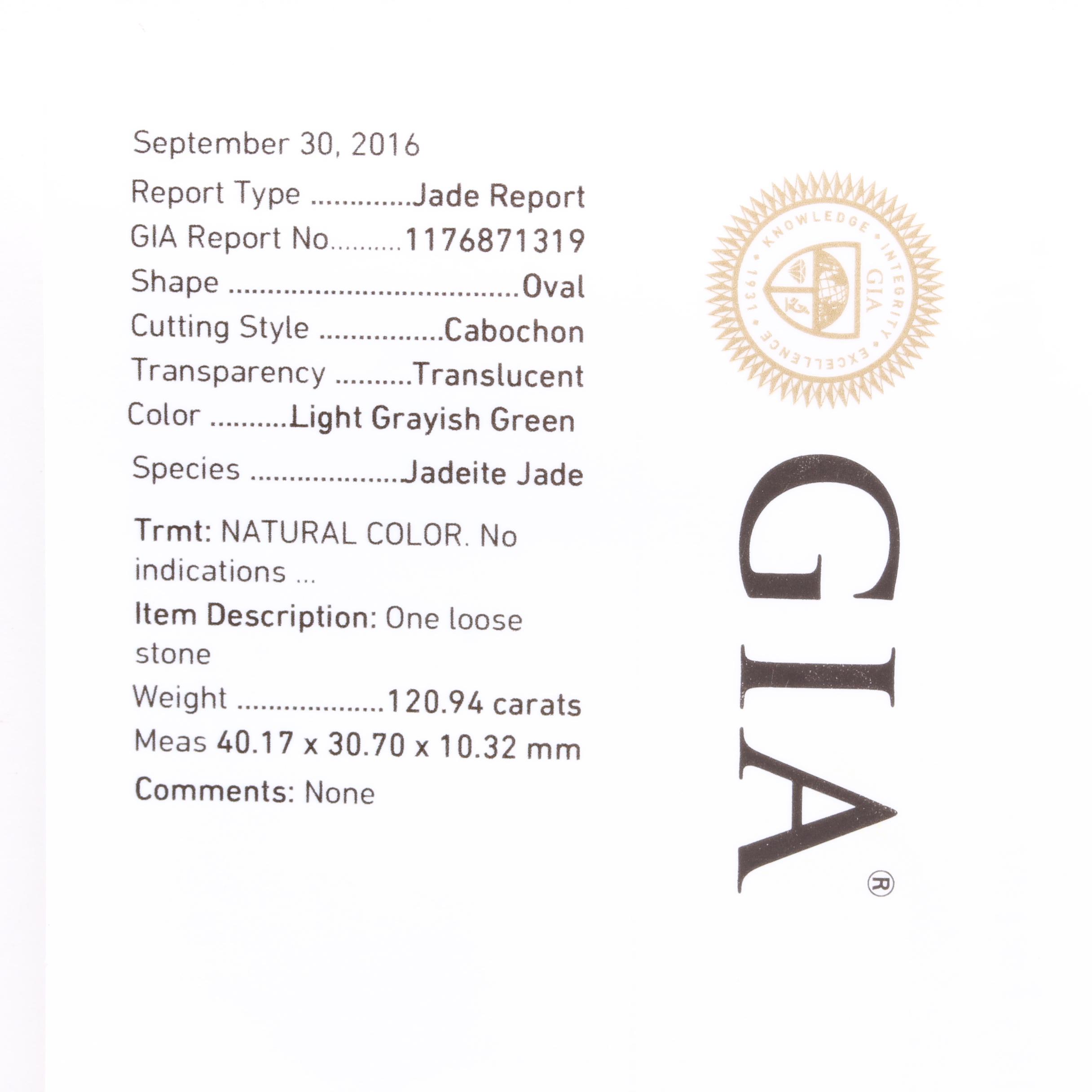Loose 120.94 CT Jadeite Including GIA Report