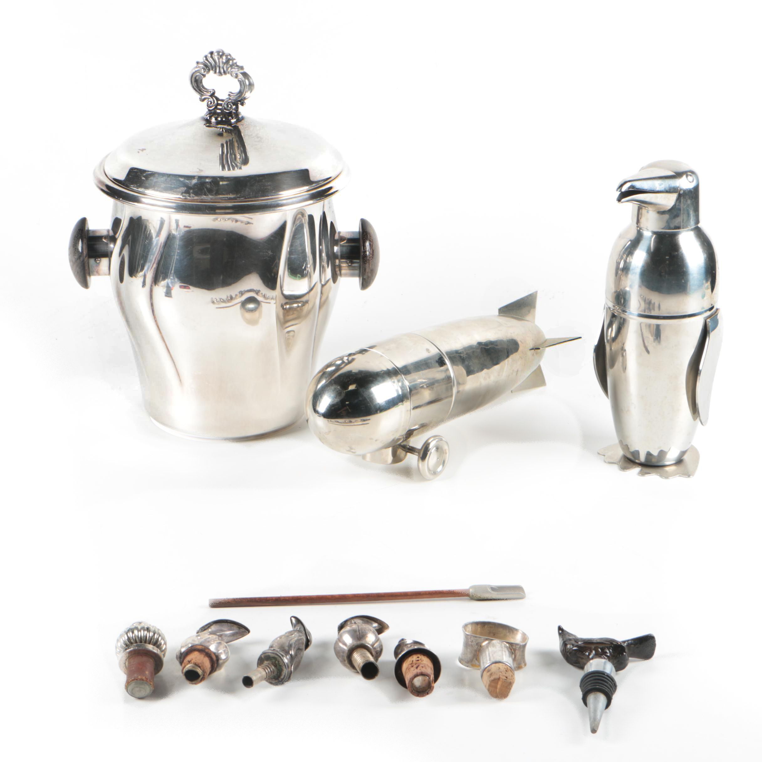 Silver Plate Ice Bucket, Cocktail Shakers, Wine Stoppers, and More