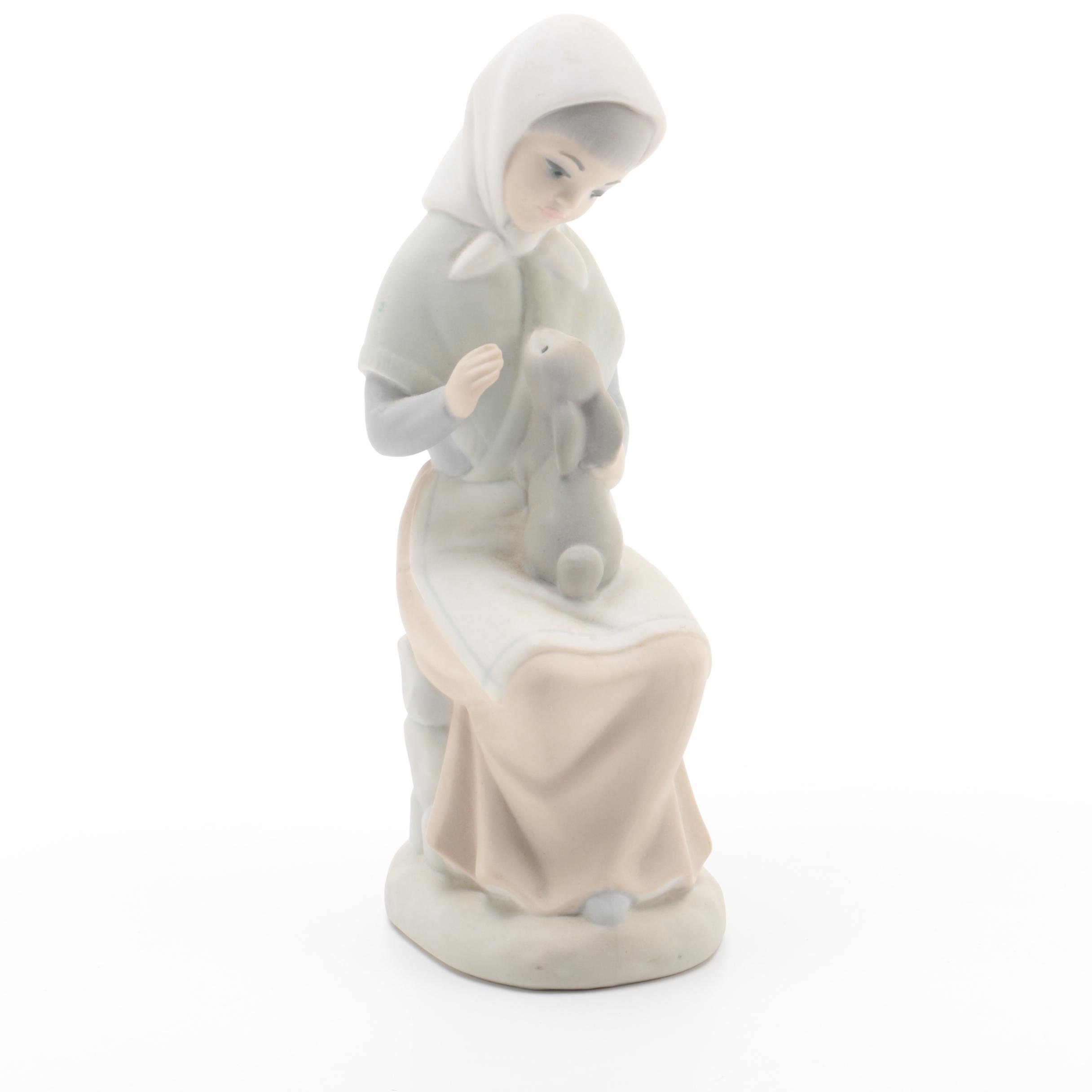 Zaphir Spanish Porcelain Figurine of Seated Girl with Rabbit