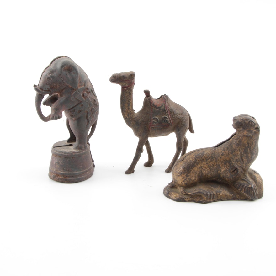 Three Early 20th-Century Cast Iron Animal Coin Banks