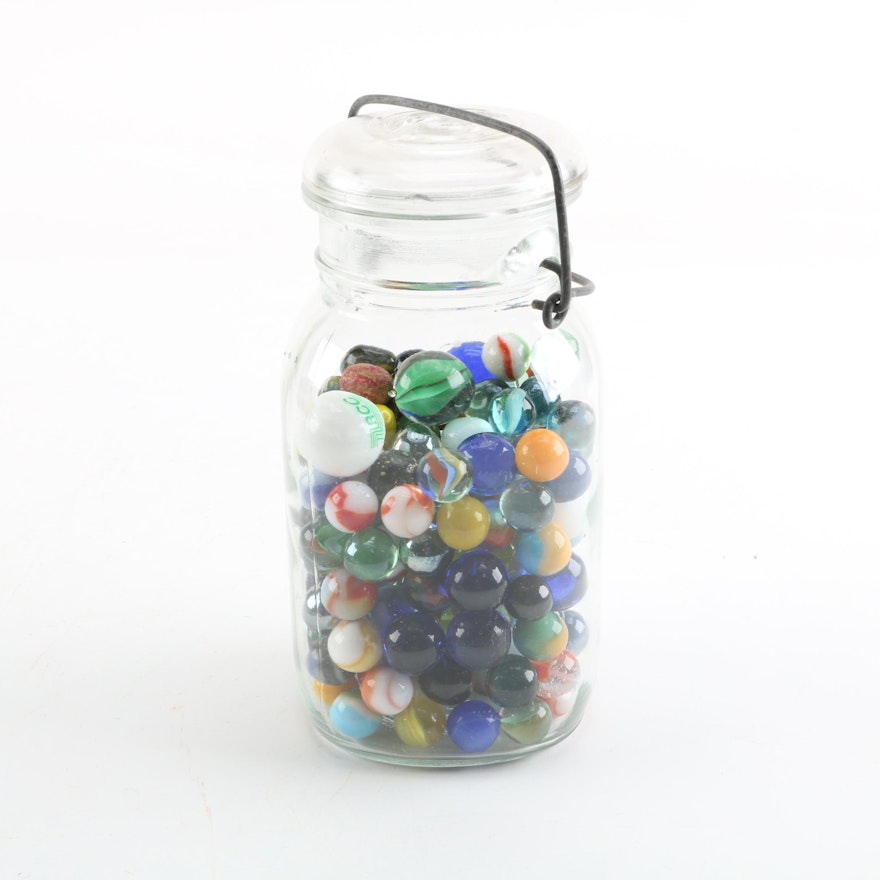 Vintage Ball Jar with Assorted Marbles